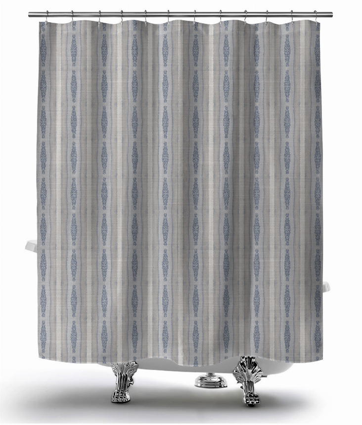 Multi striped shower curtain with blue vertical medallion pattern and top grommets