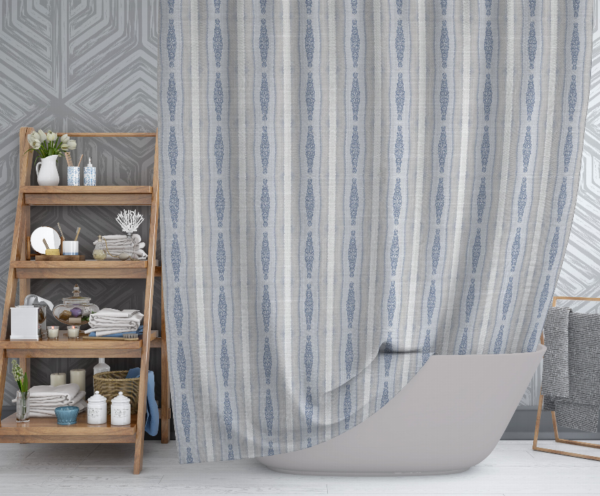 Shower curtain panel with blue and cream vertical stripe and repeating medallion motifs