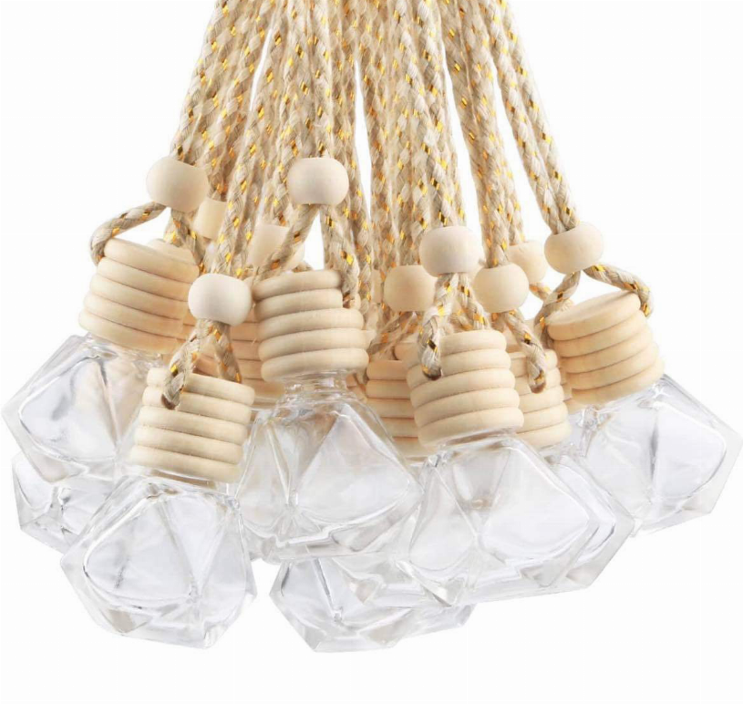 Hanging car charm with beaded strings and small wooden scent blocks