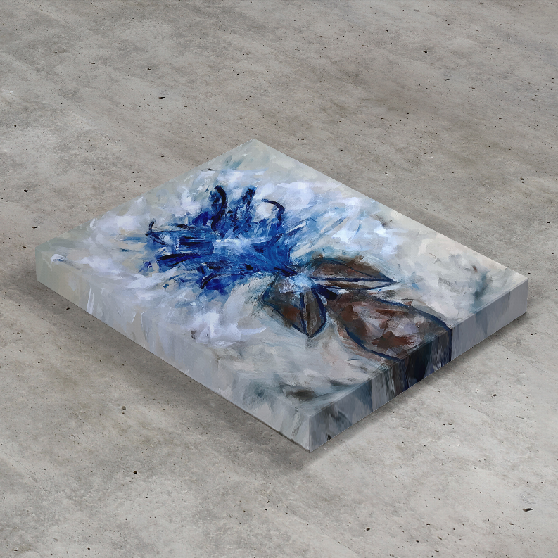 Orchids art print on canvas: blue orchid blooms with brown stems on pale gray