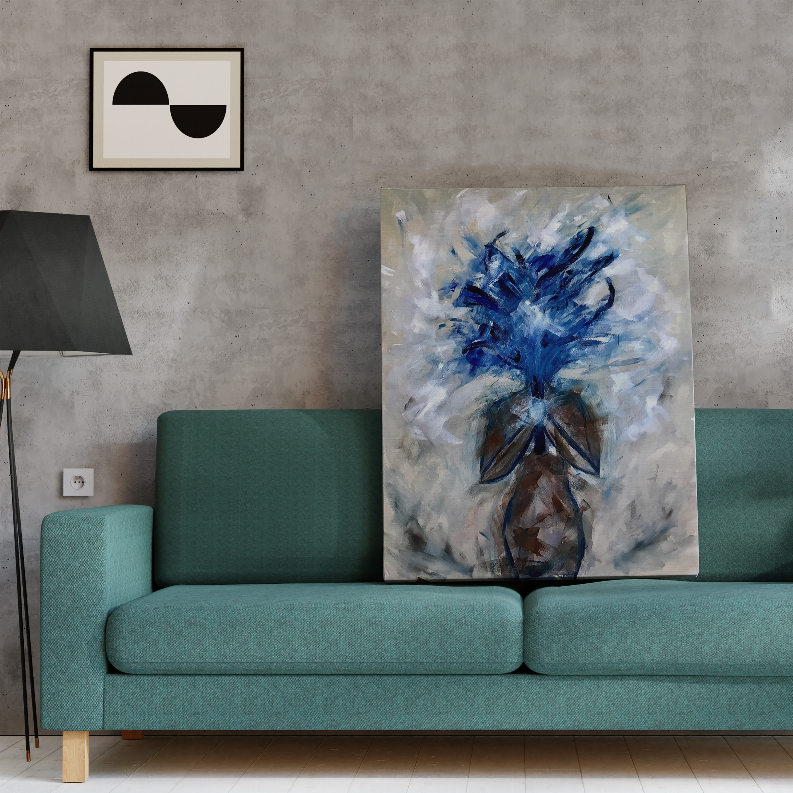 Orchids art print on wall above teal sofa, abstract blue orchid with brown stems