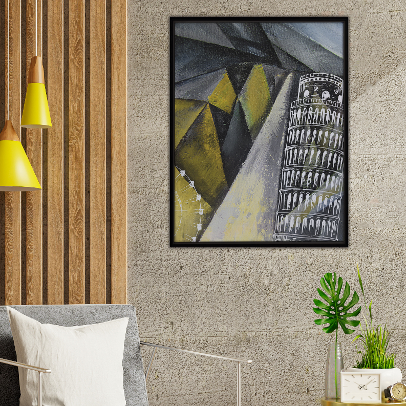 Framed abstract art print with Pisa tower illustration and multicolor geometric shapes