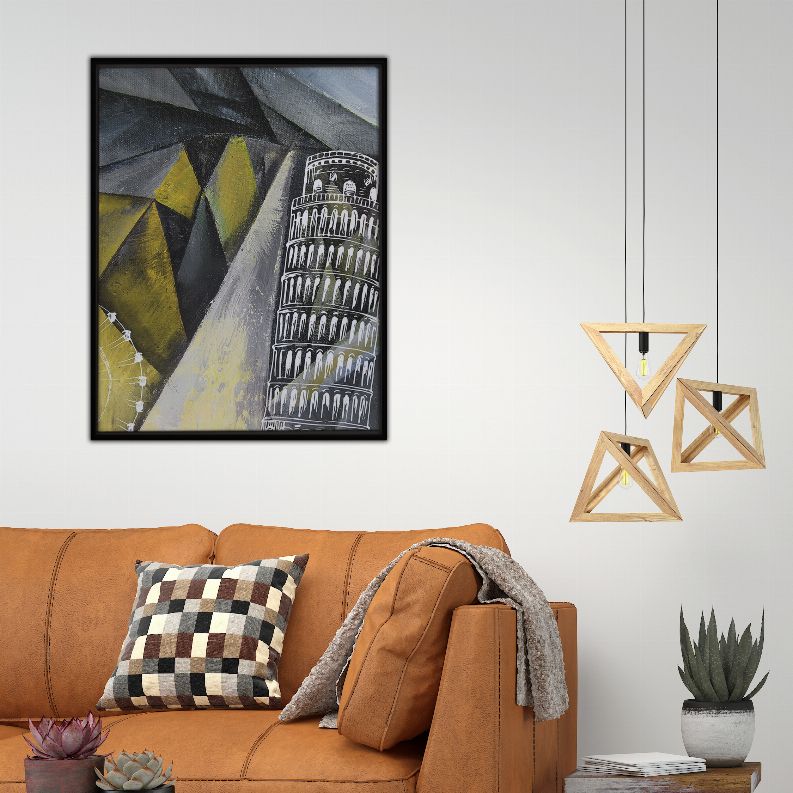 Framed abstract Pisa art print on wall with multicolor geometric shapes