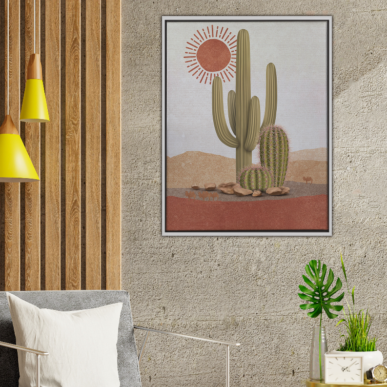 Framed cactus art print with desert scene, sunburst and green cacti in multi colors