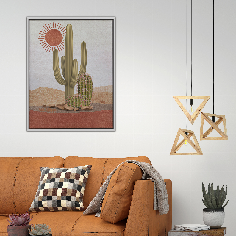 Framed cactus art print with desert cactus and sunburst motif, centered view