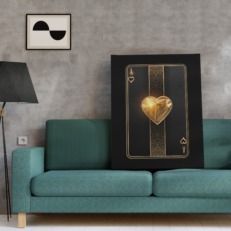 Black framed art print with gold ornate panel, glowing heart and ace icons