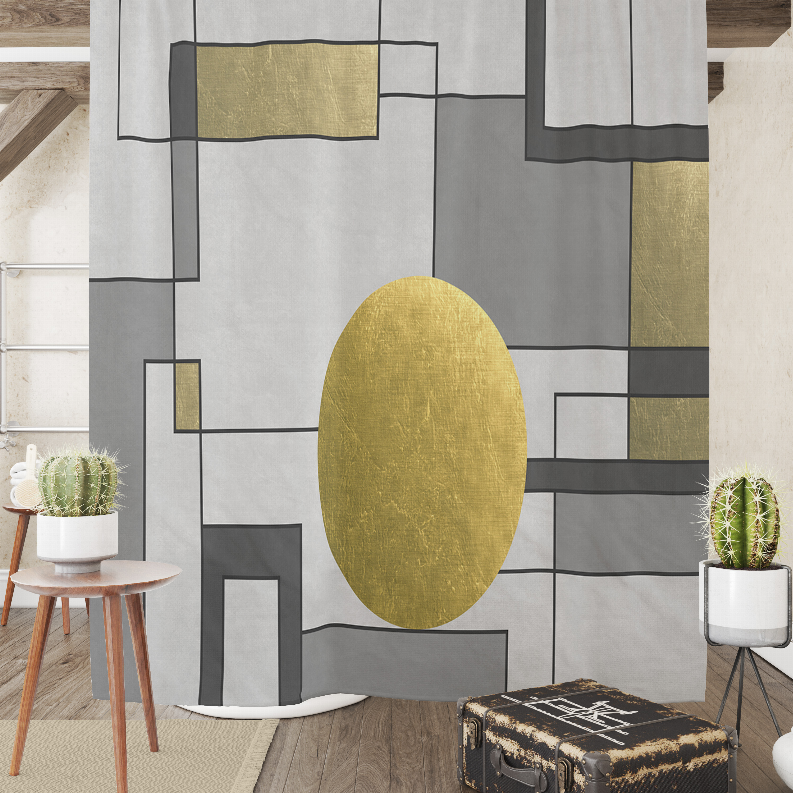 Abstract geometric shower curtain in gray with gold oval and rectangular blocks
