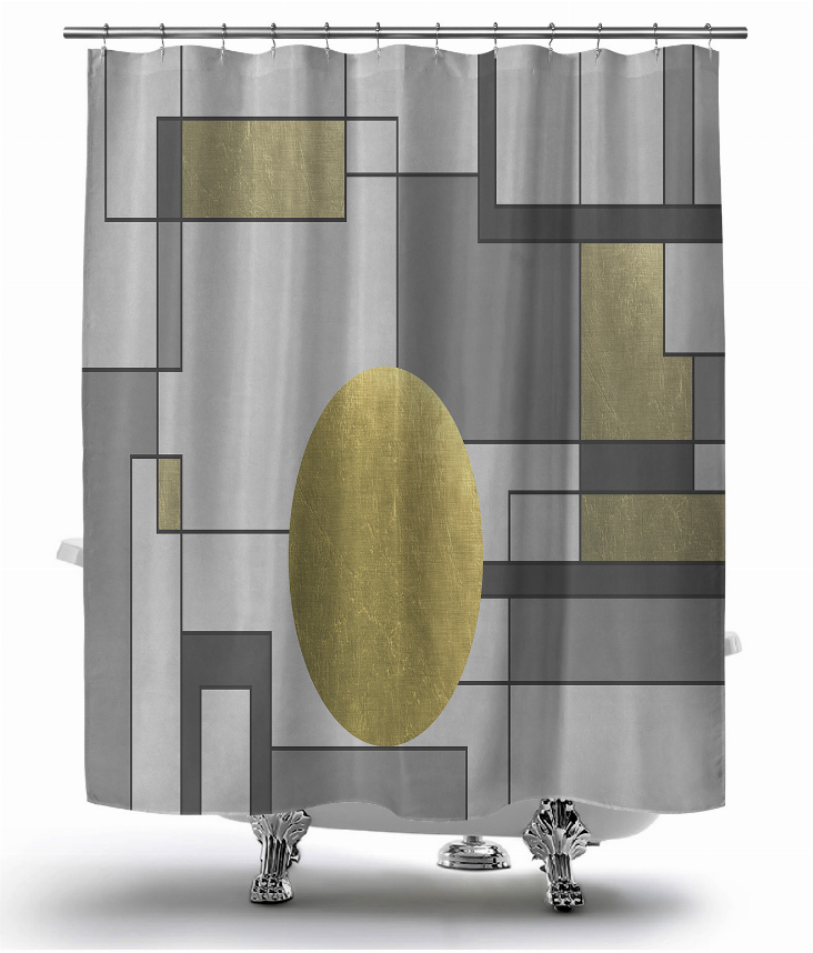 Gray geometric shower curtain with gold oval motif and vertical hanging grommets