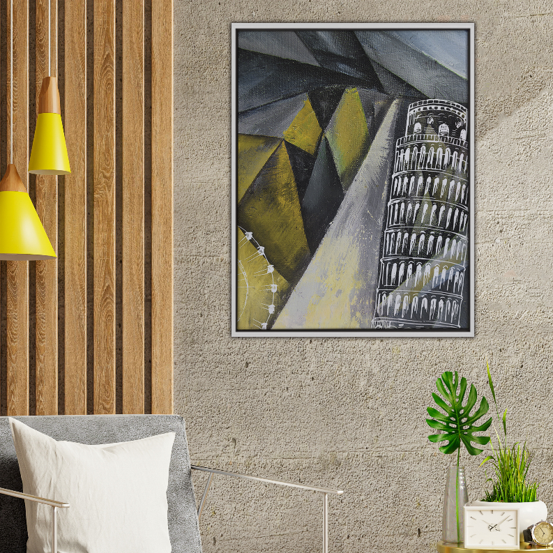 Framed abstract wall art with Pisa tower, black/gray and olive geometric design