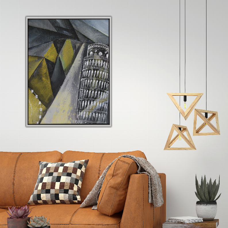 Framed abstract wall art print featuring Pisa tower and geometric color blocks