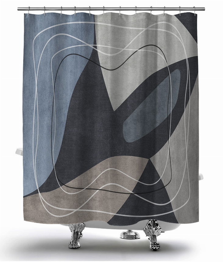Abstract geometric shower curtain, full view, with grommets and blue-gray pattern