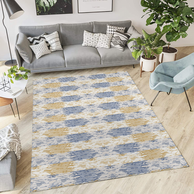 Low pile area rug, rectangular abstract blue and yellow brushstroke design