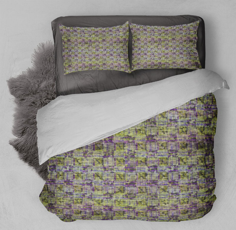 Multicolor comforter set with two pillow shams on bed, viewed from above