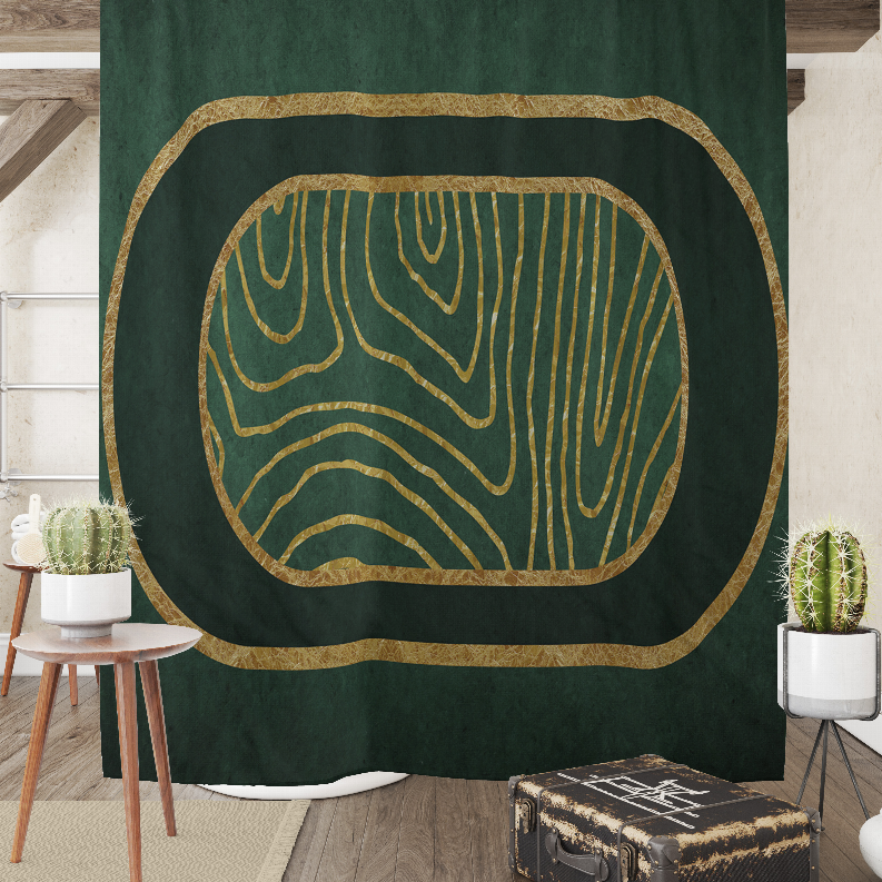 Dark green shower curtain with large gold abstract center oval design