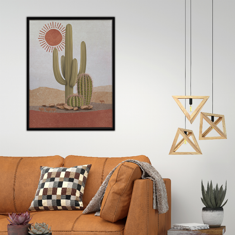 Framed cactus desert art print with sun and multiple cacti, watercolor style