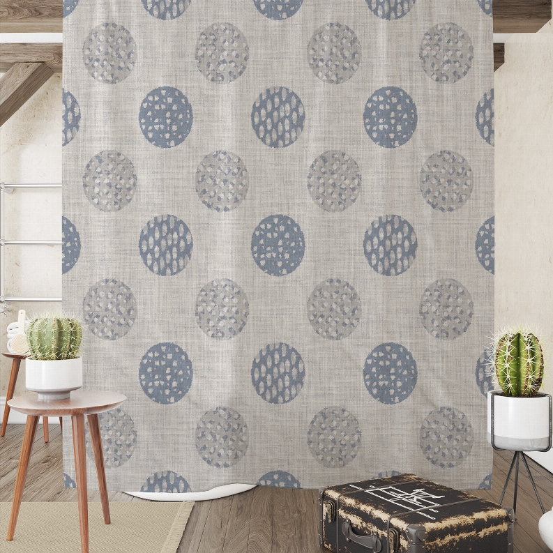 Shower curtain panel with scattered dotted circle pattern in blue, gray, and light tones