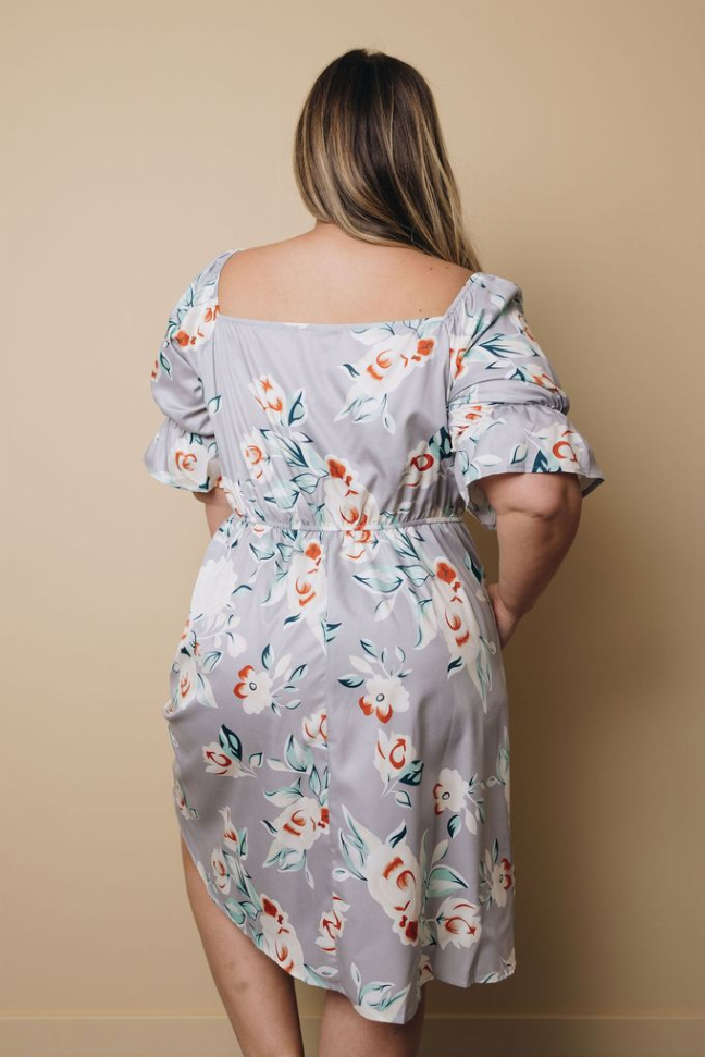 Light blue floral midi dress with puff sleeves, ruched square back neckline