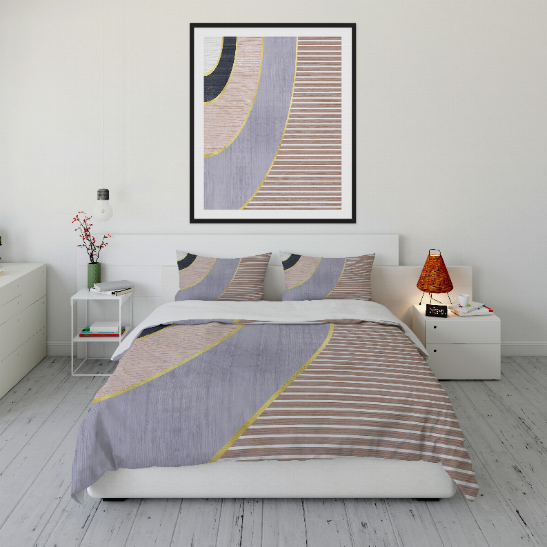 Comforter set bedding with curved yellow bands and horizontal tan stripes on gray base