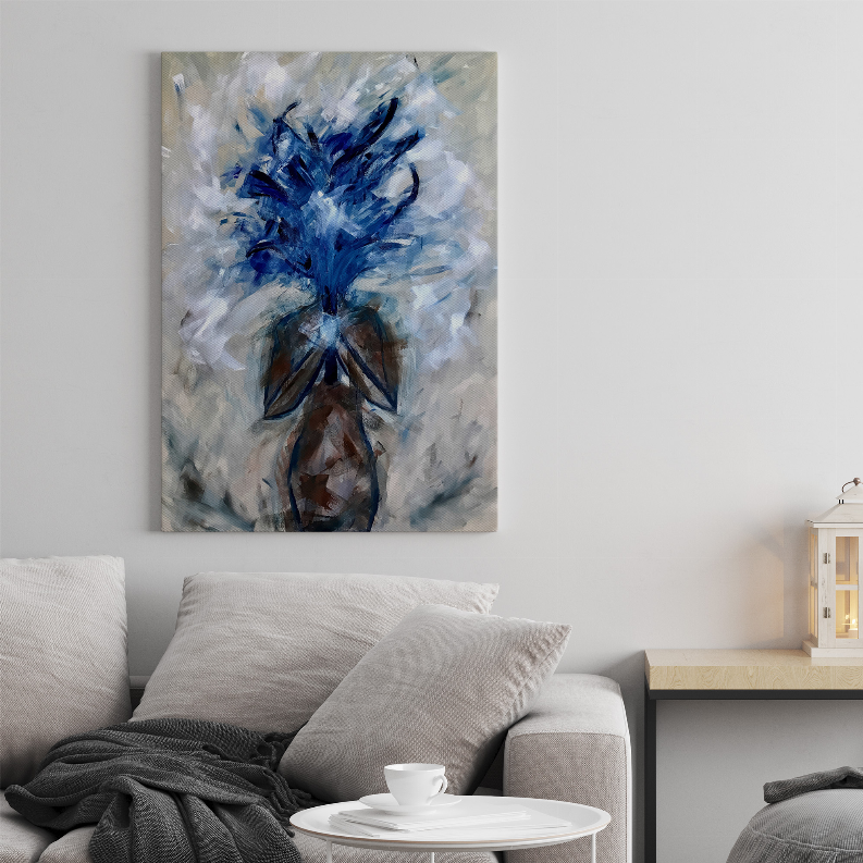 Abstract orchid art print with blue bloom and brown stems on light wall