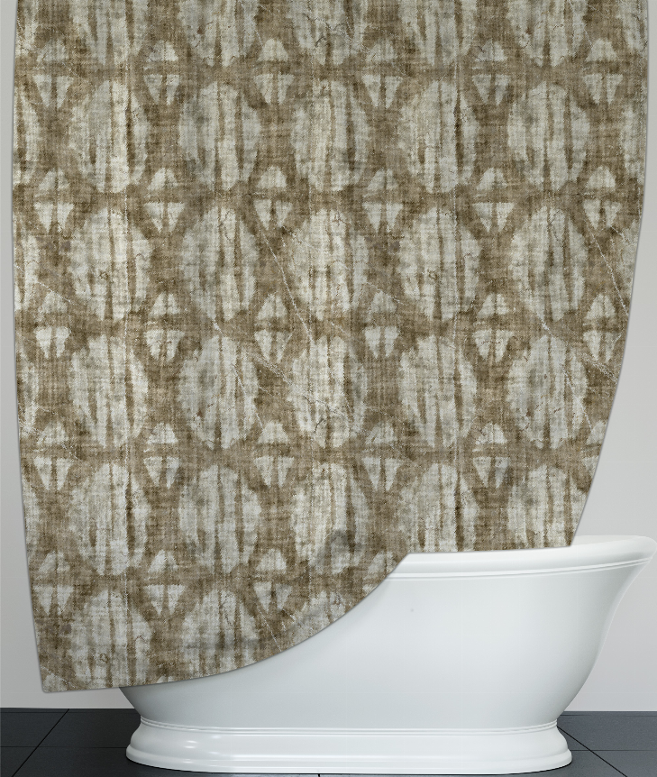 Beige geometric shower curtain panel over white bathtub, close-up of textured fabric
