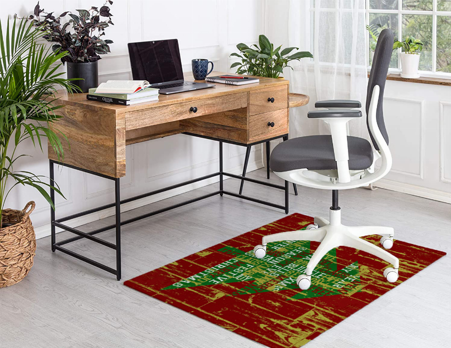 Low-pile red carpet with green Christmas text, distressed grid, and weathered look