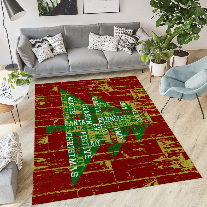 Red and green low-pile carpet with distressed blocks and Merry Christmas text