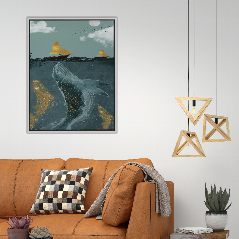 Framed blue whale wall art print with sailboats and gold wave sparkle on teal ocean