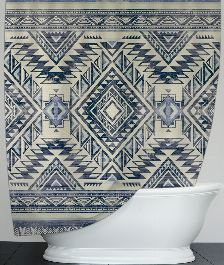 Blue and cream geometric shower curtain front panel above white bathtub