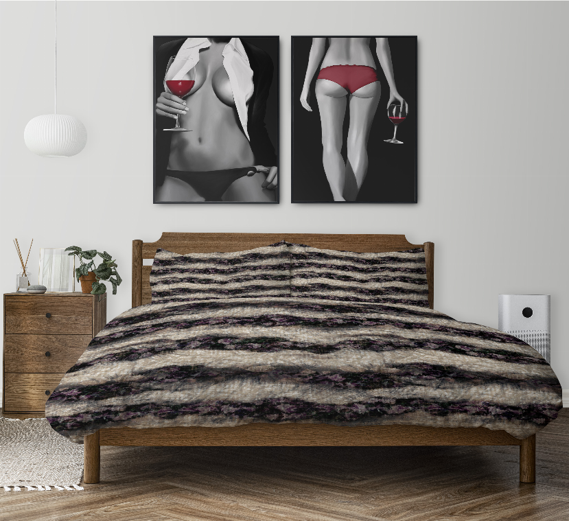 Comforter set on bed: dark wavy striped comforter with two matching shams