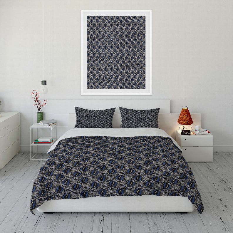 Navy blue patterned duvet cover set with two matching pillow shams