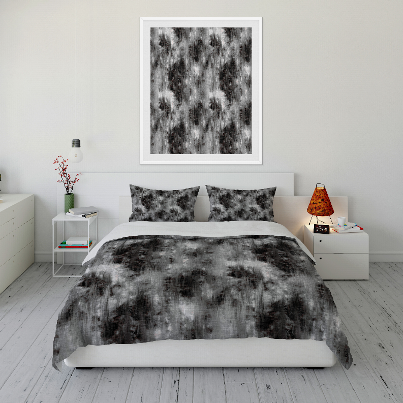 Abstract gray-and-black comforter set with two pillow shams and duvet