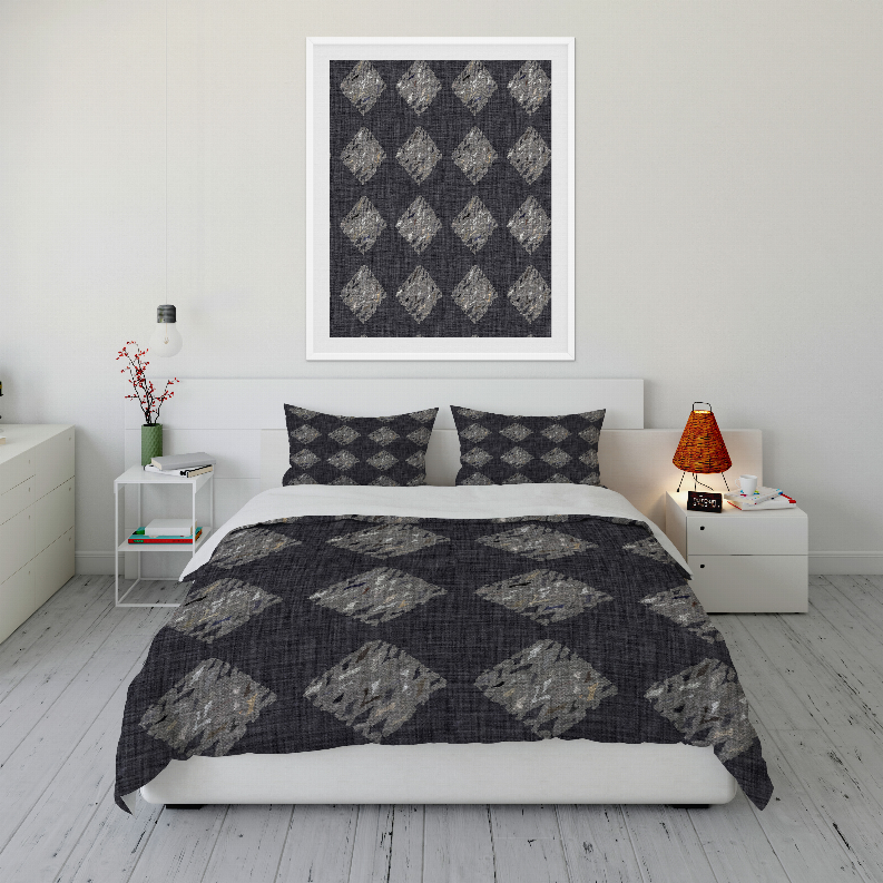 Dark diamond-pattern comforter with two matching throw pillows