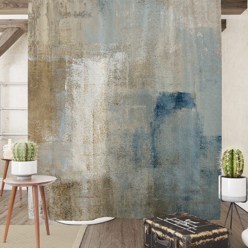 Abstract blue-gray and beige shower curtain with distressed texture and bottom hem