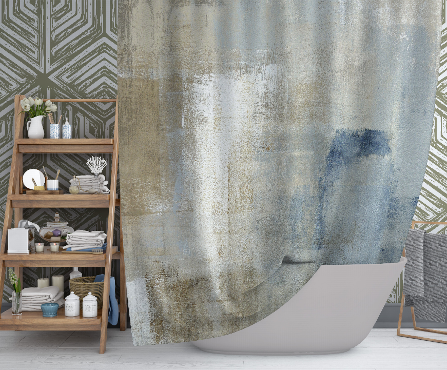 Abstract gray-blue and beige shower curtain with curved drape and rod rings