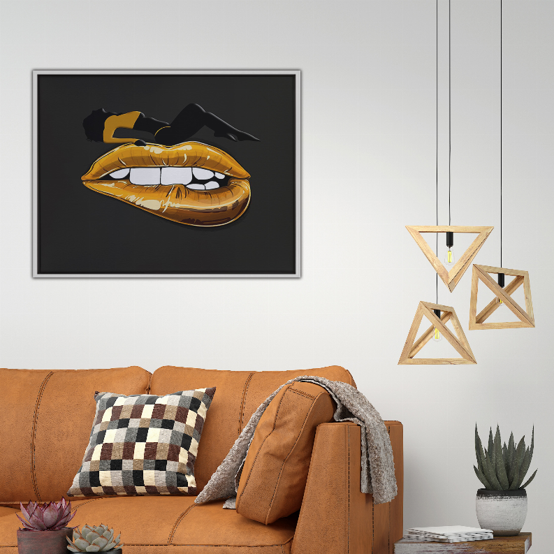 Framed lips art print with gold and black lipstick design