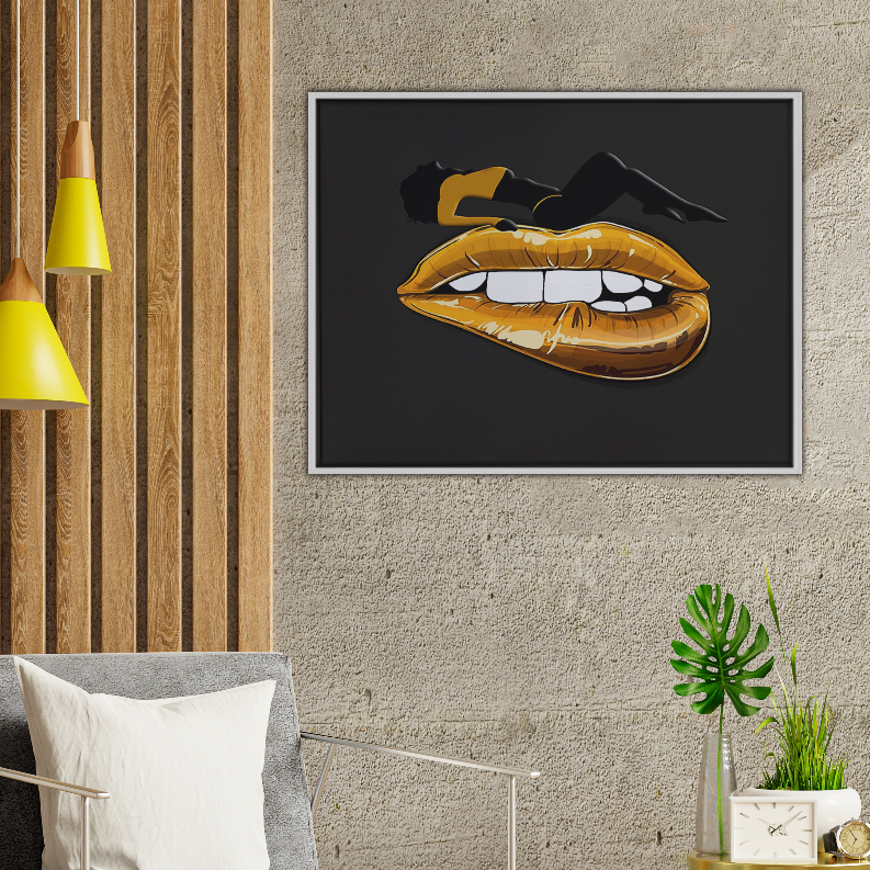 Framed lips art print with gold lips on a dark background