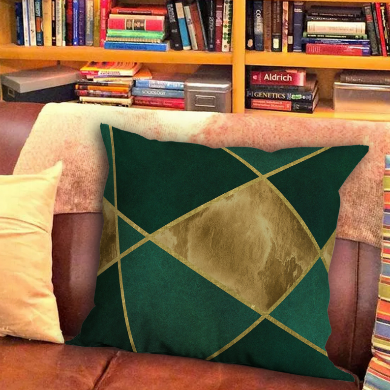 Green and gold square pillow with gold diamond and crisscross lines