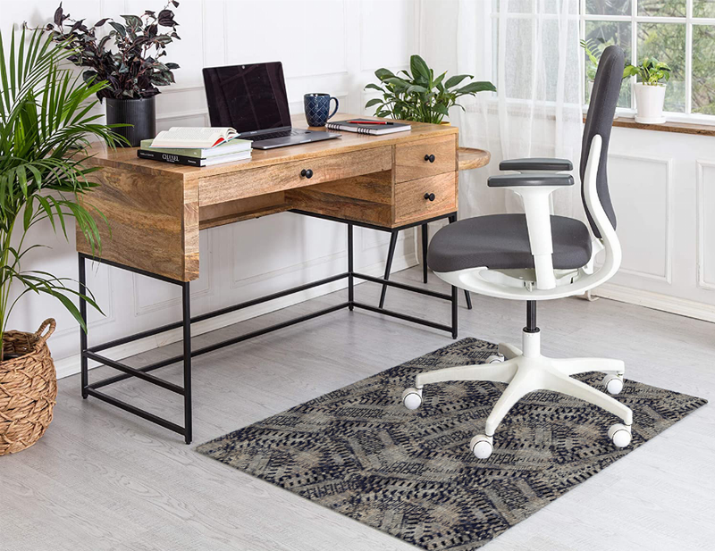 Low pile carpet with navy-blue geometric distressed print, rectangular