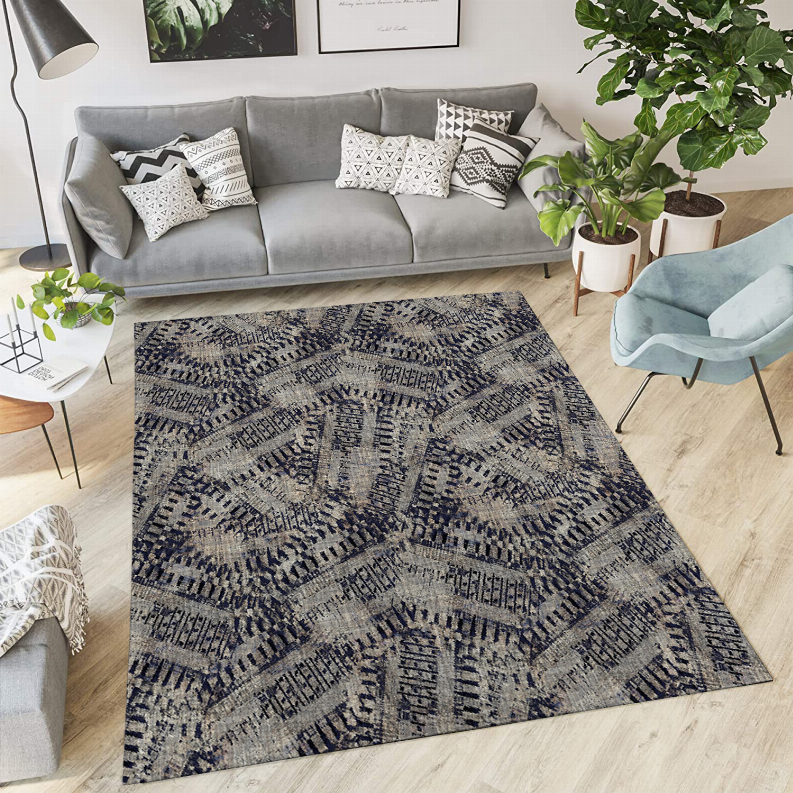 Low pile carpet with navy and gray geometric pattern, rectangular design