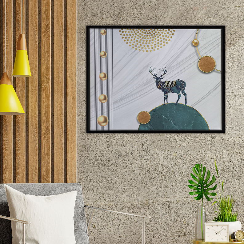 Framed multi-color deer and teal hill abstract art print with gold circle accents
