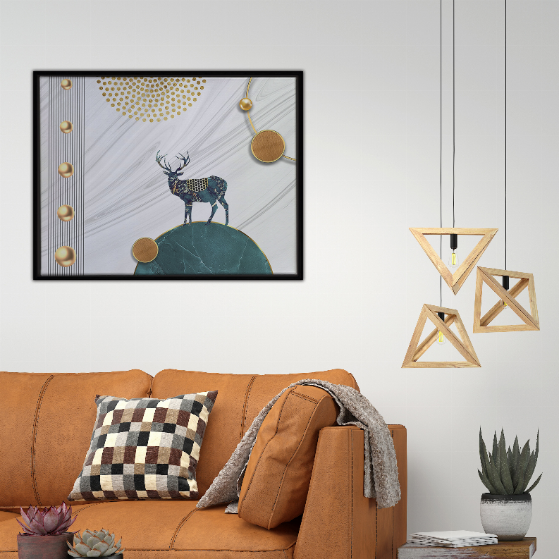 Framed deer and teal hill abstract art print with gold circle and geometric accents