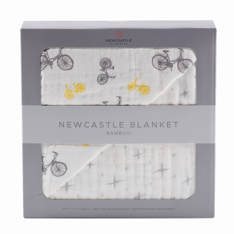 Bamboo blanket in box, light fabric with bicycles in gray and yellow