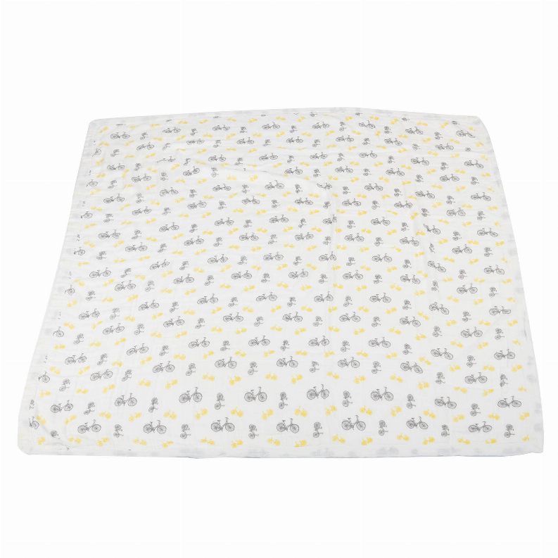 White bamboo blanket with repeating bicycle print in gray and yellow