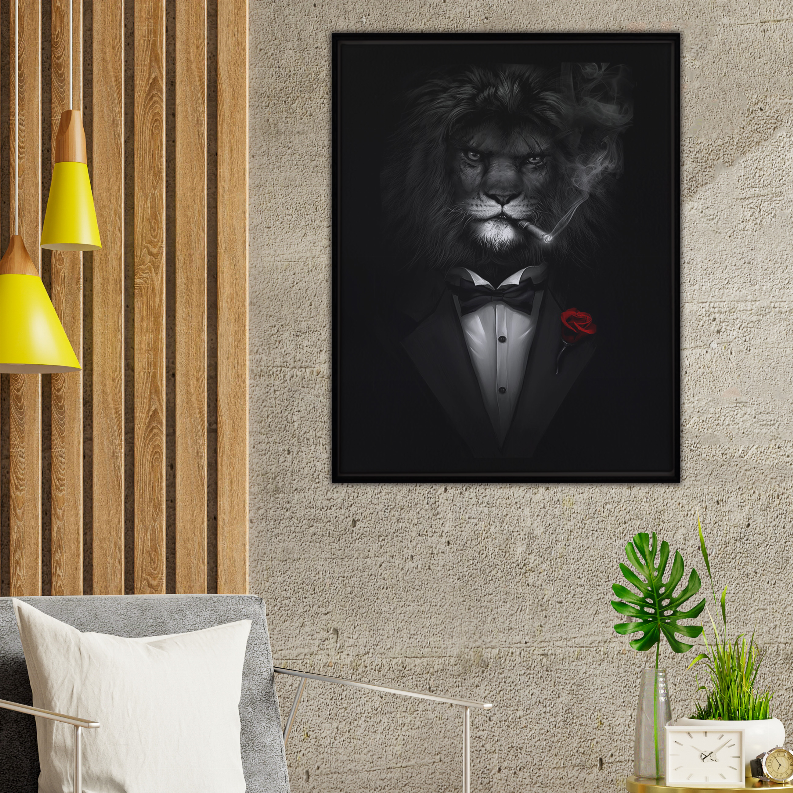Framed black lion art print with tuxedo and red rose detail