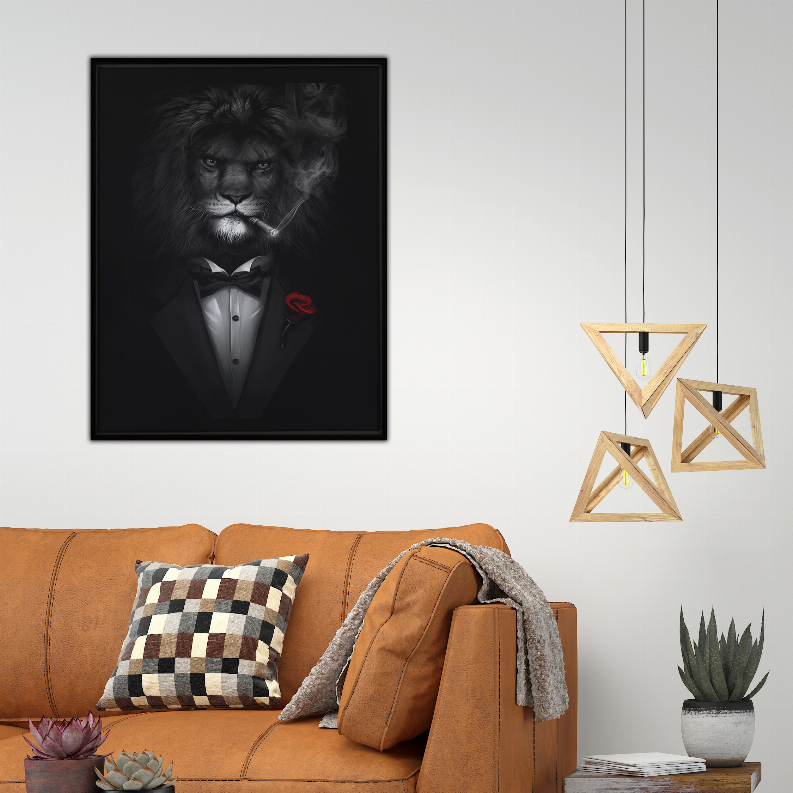 Framed black lion art print on white wall with bowtie and red rose