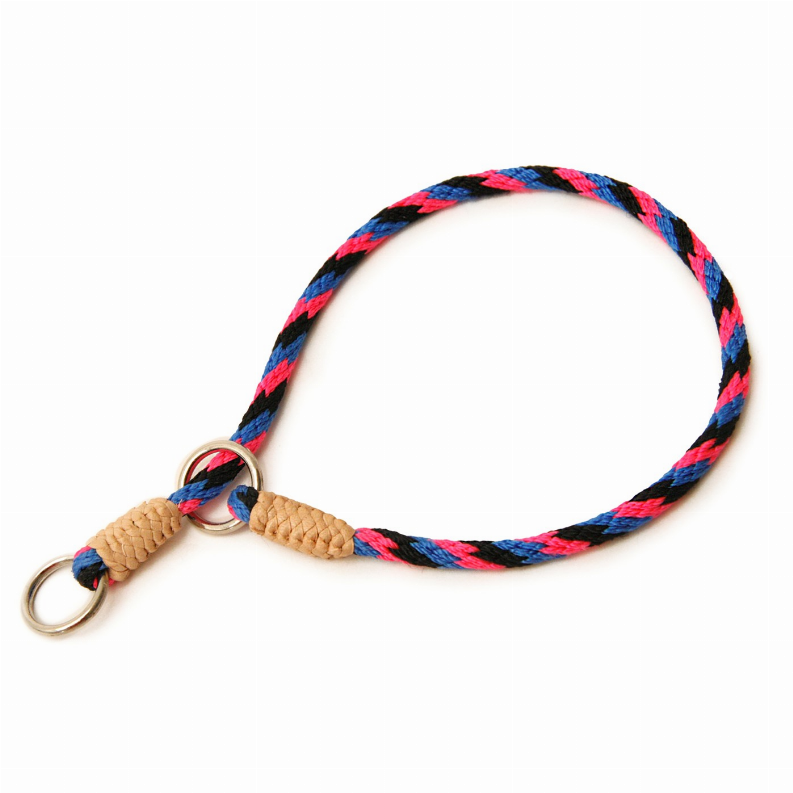 Braided nylon slip collar loop, red and blue plaid rope with metal rings