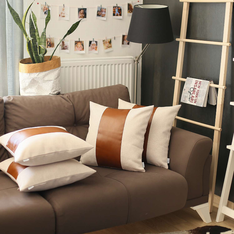 Decorative square pillow cover set with brown, white, and terracotta vertical stripe panels