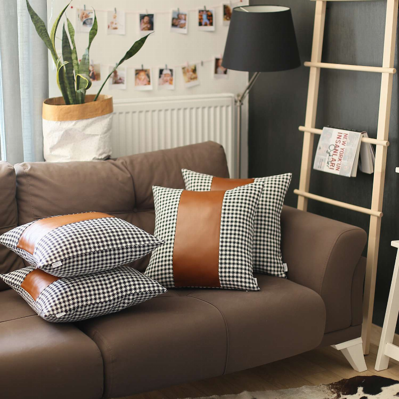 Decorative throw pillow covers: brown faux leather-look panel with black-and-white gingham borders