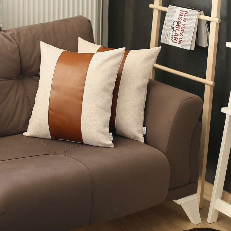 Set of 2 throw pillow covers: cream with rust faux-leather stripe, plus solid cream