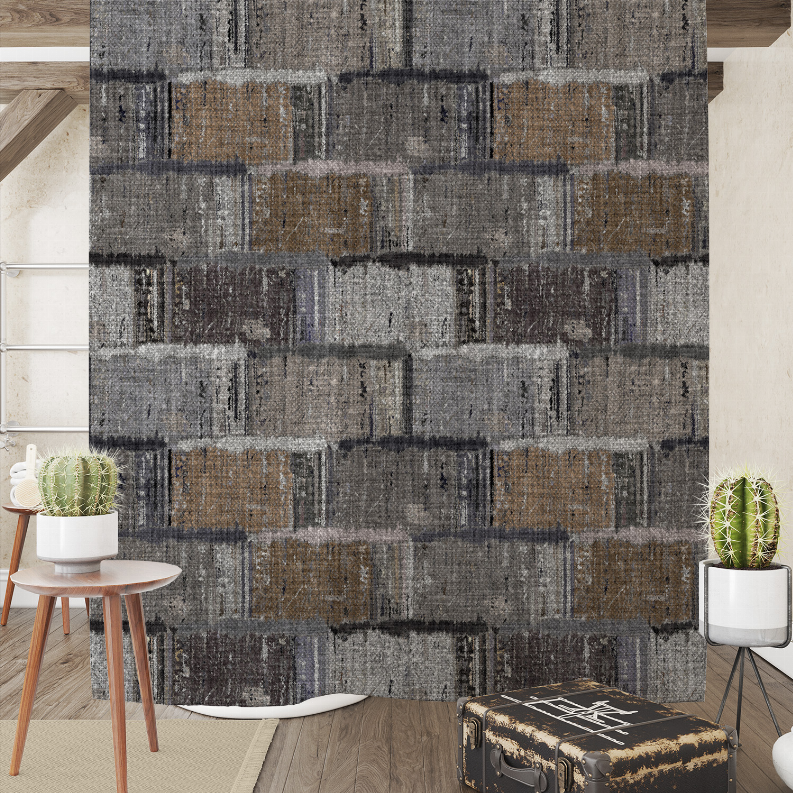 Gray and tan distressed patchwork shower curtain with rectangular brick pattern.